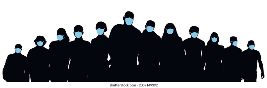 People in medical masks, silhouette of crowd. Society. Vector illustration