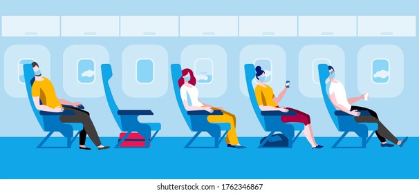 People in medical masks sit on the plane. Vector illustration in flat style. Traveling by plane during a pandemic.