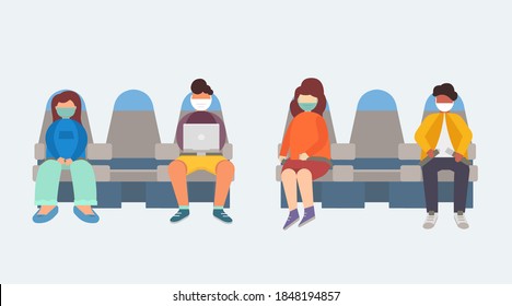 People in medical masks sit on the plane.