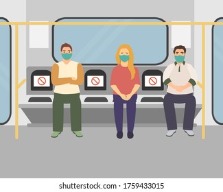 people in medical masks sitting in the subway at a safe distance, the concept of social distance. flat vector illustration