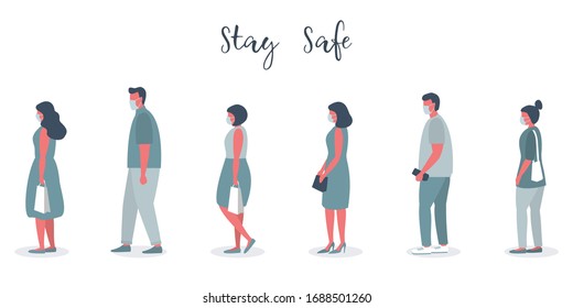 People in medical masks stand in line. Men and women keep their distance to stay safe. Vector illustration in flat style