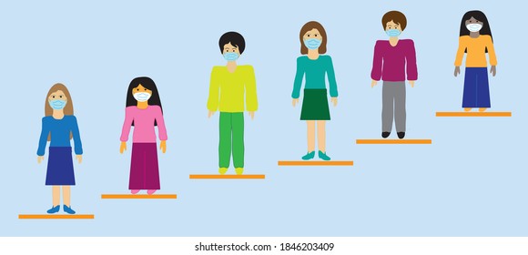 People in medical masks are standing in line at the checkout, keeping a social distance. The concept of coronavirus prevention. Modern flat design.