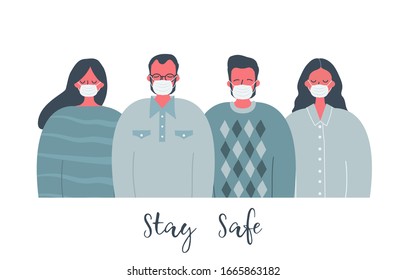 People in medical masks. Stay safe concept. There are men and women in the picture. Vector illustration in flat style