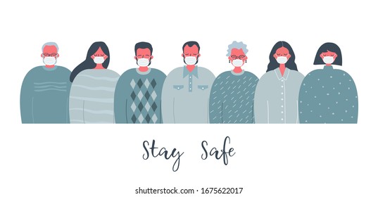 People in medical masks. Stay safe concept. There are men and women in the picture. Vector illustration in flat style