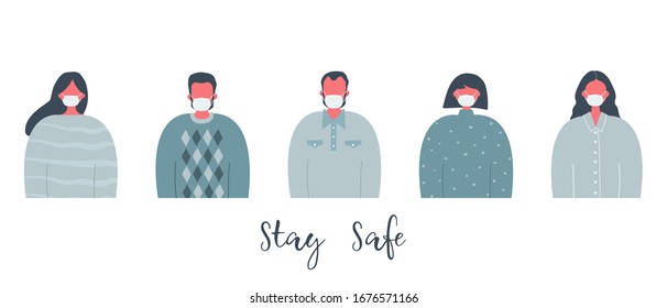 People in medical masks. Stay safe concept. Men and women keep a distance. People icons. Vector illustration in flat style