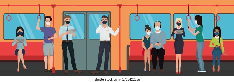 People in medical masks in subway flat character vector illustration. Passengers men and women sitting and standing in metro, look at different electronic devices, phones, tablets