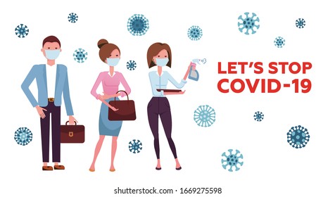 People in medical masks with text Let's stop coronavirus. Concept of quarantine, the fight against covid-19, 2019-ncov, coronavirus. Preventing an epidemic. Flat vector illustration