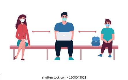 people in medical masks, they keep their distance on the bench. A socially safe distance between people so as not to spread the virus, the coronavirus COVID-19. A man works with a laptop. Vector, flat