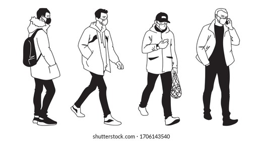 People in medical masks. Vector illustration of masked men in sketch style isolated on white background. Respiratory protection. Facial tissue to prevent diseases, flu, air pollution. Man walking.