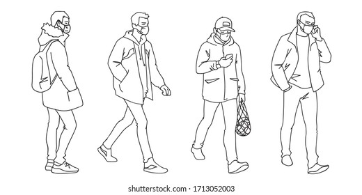 People in medical masks. Vector illustration of masked men in linear style isolated on white background. Respiratory protection. Facial tissue to prevent diseases, flu, air pollution. Man walking.