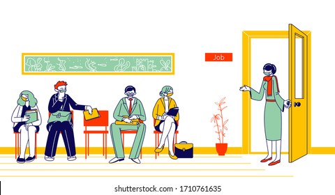 People In Medical Masks Waiting Job Interview Sitting In Office Lobby. Applicants Characters With Cv Hiring Work At Covid 19 Pandemic. Hr Agent Invite Candidate To Cabinet. Linear Vector Illustration