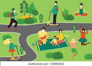 People in medical masks are walking in the park. The picture shows a green lawn, paths, plants. Modern design concept of quarantine at nature. Flat vector illustration.
