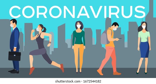 People in medical masks work, study, play sports and lead a normal lifestyle during the coronavirus epidemic. Coronavirus in Italy , Spain, France, Portugal, Germany. 