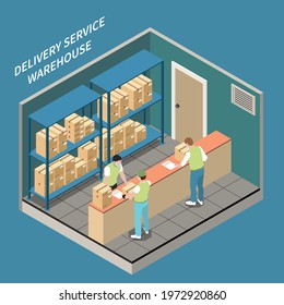 People in medical masks working in delivery service warehouse pick up point office 3d isometric vector illustration