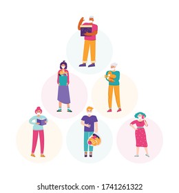 People in medical protective masks during the epidemic and quarantine. Men and women of different ages maintain a safe social distance. Protection from infection. Virus prevention concept. Flat vector