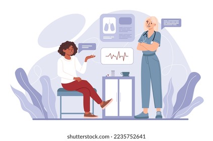 People in medical. Women analyze patients medical history. Teamwork, specialists and professionals. Health care and regular visits. Poster or banner for website. Cartoon flat vector illustration