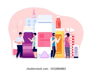 People and medications. Medicine help, medication showing to patients. Pharmacy management, apothecary capsules and drugs utter vector concept