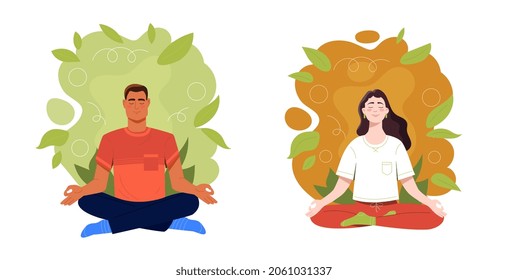 People meditate concept. Man and woman sit in lotus position and clear their minds of negative thoughts. Mental and psychological health. Cartoon flat vector collection isolated on white background