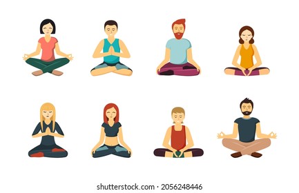 People meditate in lotus position set. Men and women peacefully relax doing yoga an exercise to concentrate and create harmony in themselves and towards nature. Vector cartoon zen.