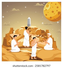 People meditate near a large monolith under a starry sky with a view of the moon, depicting mystical, serene and spiritual themes. Flat vector modern illustration 