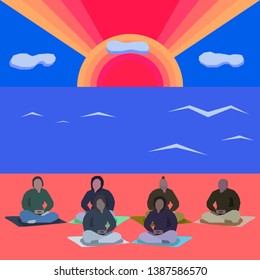 People meditate on the beach at the ocean during sunset.