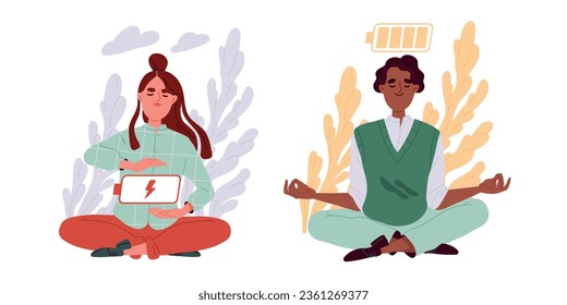 La gente medita y se relaja. Personajes jóvenes en posición de loto llenos de energía positiva, deshacerse de la ansiedad, la frustración y el estrés.Colección vectorial plana de dibujos animados aislada en fondo blanco