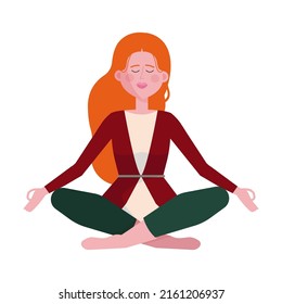 People meditating. Girl sitting making zen gesture flat vector illustration. Yoga, stress relief, recreation concept