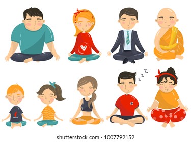 People meditating and relaxing in yoga lotus position set, men, women and kids doing yoga cartoon vector Illustrations