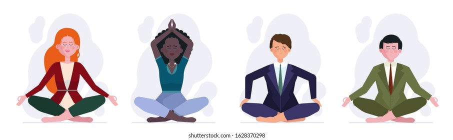People meditating set. Men and women sitting in lotus pose, making zen gesture flat vector illustration. Yoga, stress relief, recreation concept for banner, website design or landing web page