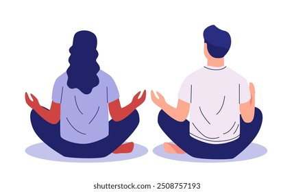 People meditating together peaceful scene wellness back view sitting cross-legged colorful flat design