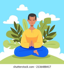 People meditation concept. Relax lifestyle design. Healthy recreation. Meditate wellness yoga exercise. Balance energy lotus pose, asana. Relax time. Office work zen, meditation. Vector illustration 