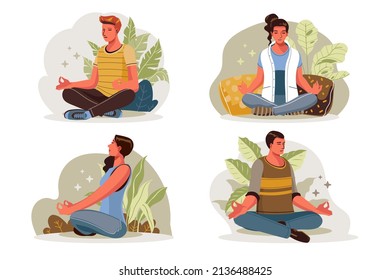 People meditation concept. Relax lifestyle design. Healthy recreation. Meditate wellness yoga exercise. Balance energy lotus pose, asana. Relax time. Office work zen, meditation. Vector illustration 