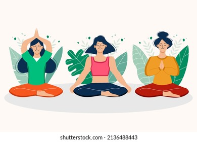 People meditation concept. Relax lifestyle design. Healthy recreation. Meditate wellness yoga exercise. Balance energy lotus pose, asana. Relax time. Office work zen, meditation. Vector illustration 