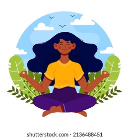 People meditation concept. Relax lifestyle design. Healthy recreation. Meditate wellness yoga exercise. Balance energy lotus pose, asana. Relax time. Office work zen, meditation. Vector illustration 