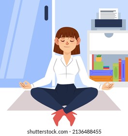 People meditation concept. Relax lifestyle design. Healthy recreation. Meditate wellness yoga exercise. Balance energy lotus pose, asana. Relax time. Office work zen, meditation. Vector illustration 