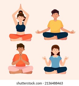 People meditation concept. Relax lifestyle design. Healthy recreation. Meditate wellness yoga exercise. Balance energy lotus pose, asana. Relax time. Office work zen, meditation. Vector illustration 