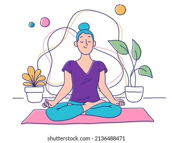 People meditation concept. Relax lifestyle design. Healthy recreation. Meditate wellness yoga exercise. Balance energy lotus pose, asana. Relax time. Office work zen, meditation. Vector illustration 