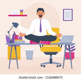 People meditation concept. Relax lifestyle design. Healthy recreation. Meditate wellness yoga exercise. Balance energy lotus pose, asana. Relax time. Office work zen, meditation. Vector illustration 