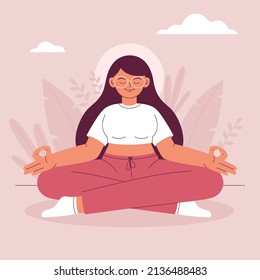 People meditation concept. Relax lifestyle design. Healthy recreation. Meditate wellness yoga exercise. Balance energy lotus pose, asana. Relax time. Office work zen, meditation. Vector illustration 