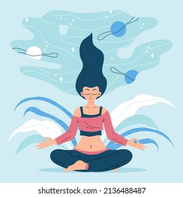 People meditation concept. Relax lifestyle design. Healthy recreation. Meditate wellness yoga exercise. Balance energy lotus pose, asana. Relax time. Office work zen, meditation. Vector illustration 