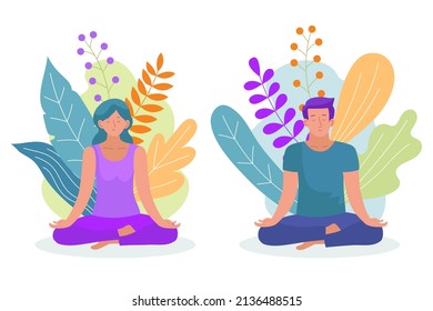 People meditation concept. Relax lifestyle design. Healthy recreation. Meditate wellness yoga exercise. Balance energy lotus pose, asana. Relax time. Office work zen, meditation. Vector illustration 