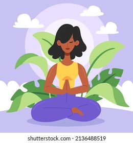 People meditation concept. Relax lifestyle design. Healthy recreation. Meditate wellness yoga exercise. Balance energy lotus pose, asana. Relax time. Office work zen, meditation. Vector illustration 