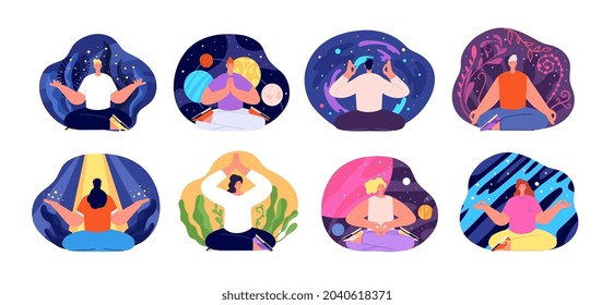 People meditation. Mind balance, woman yoga meditate with closed eyes. Men find creative ideas, zen wellbeing. Tranquil person relax utter vector set