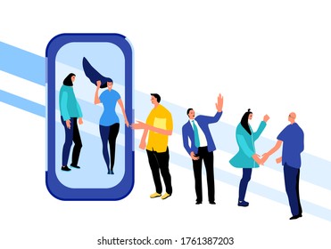 People meet after self-isolation and go out of smartphone.End of quarantine concept. Pandemic is over. Joyful men and women spend time together,wave a hand and hug each other. Flat vector illustration