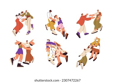People meet, go towards each other. Happy characters glad to see, reconciling, hugging. Men, women reuniting with joy. Reconciliation concept. Flat vector illustration isolated on white background - Shutterstock ID 2307472267