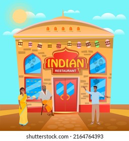 People Meet And Talk Near Entrance Of An Indian Restaurant That Serves Traditional Indian Cuisine, House, Facade Exterior. Cafeteria In India With Asian Food. Logotype Of Cafe On Front Of Building