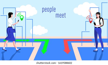 People meet using navigator app on their smartphone. Two young women, friends go to each other. Detailed flat style vector illustration stock.