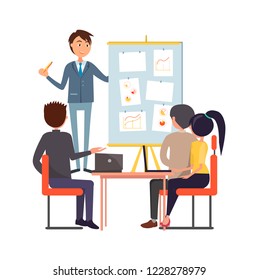 People at meeting or briefing sitting at table and discussing issues. Business presentation, speaker at board with charts pointing on growing diagrams