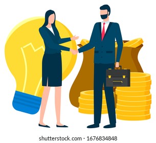 People meeting business solution vector, man with money and financial assets. Woman with idea symbol of electric lightbulb, support of businessman