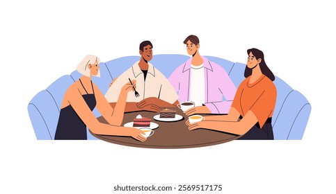 People meeting in cafe, communicate, eat food, desserts, drink tea, coffee. Friends sit at the table on sofa in coffeehouse. Two couples are at double date. Flat isolated vector illustration on white